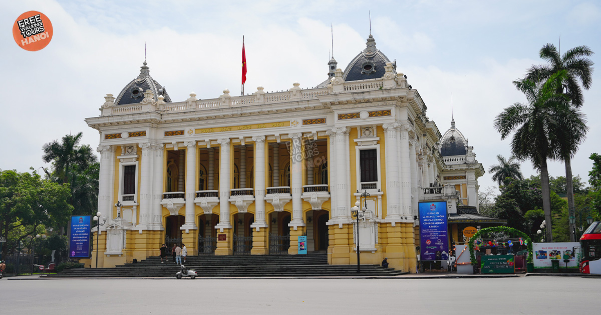 Hanoi Opera House, French colonial architecture with yellow walls and neoclassical columns 